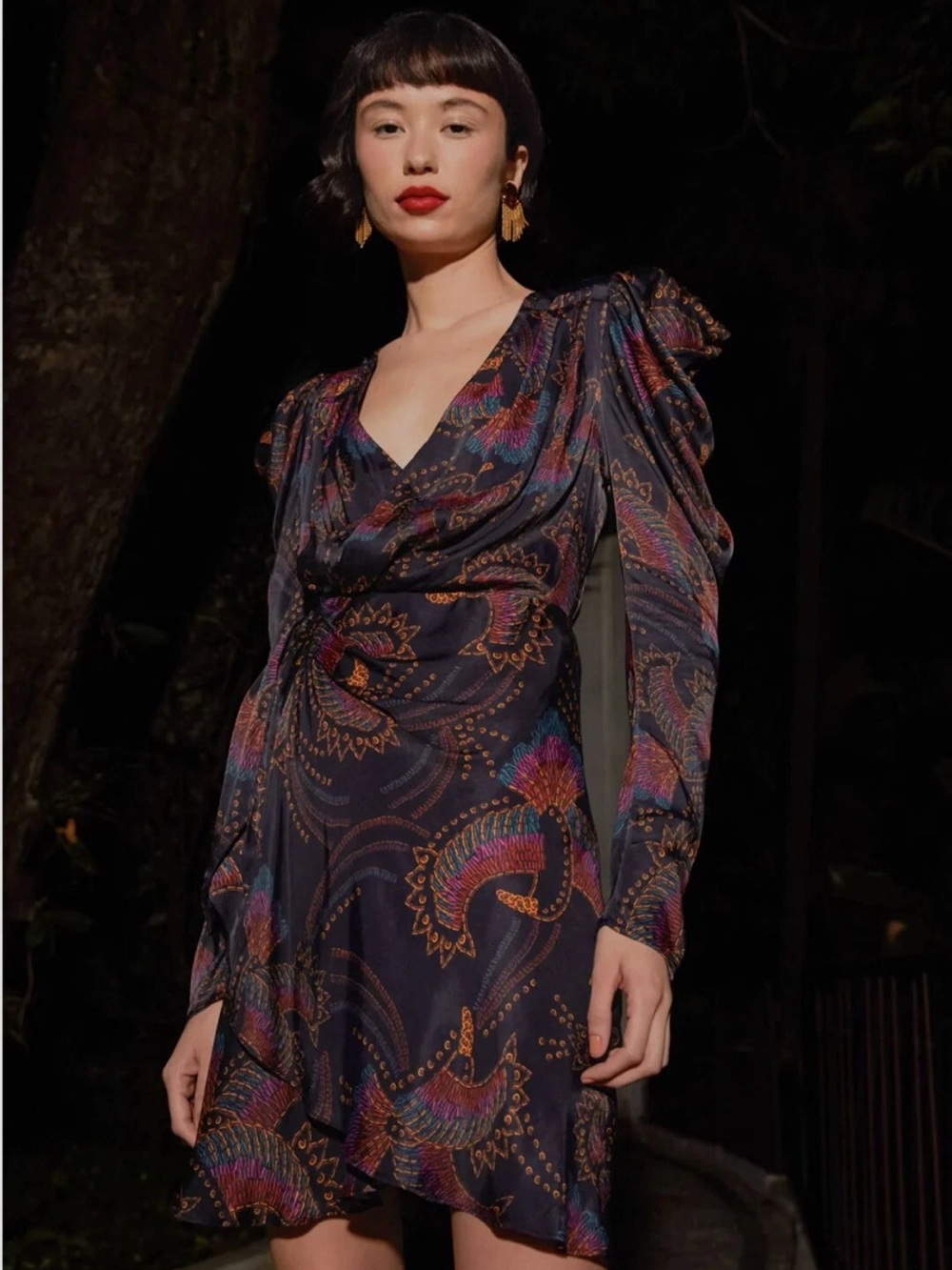 Farm Rio Sequin Toucans Satin Long Sleeve Wrap Mini Dress Size Medium